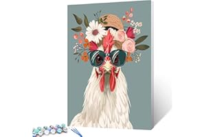 TUCOCOO Serious Rooster Wearing Shades Straw Hat Paint by Number Funny Animal Flowers Painting DIY Painting on Canvas with Brushes Paints Paint by Numbers for Adults and Beginner 16x20 Inch（without Frame）