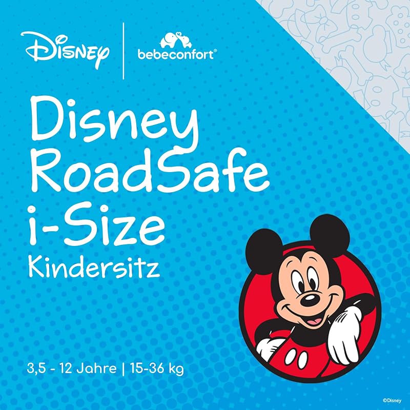 Disney RoadSafe i-Size, Kindersitzerhöhung mit Rückenlehne, 3,5–12 Jahre (100–150 cm), Mickey Maus Kindersitz, Klappbar, Gurtinstallation, 14 Kopfstützenpositionen, Authentic Mickey