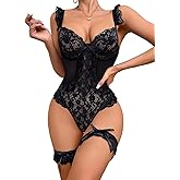Foxiny Sexy Ruffle Mini Mesh Floral Lace UnderWire Sheer Belt Lingerie Set Teddy Bodysuit Top 2 Piece