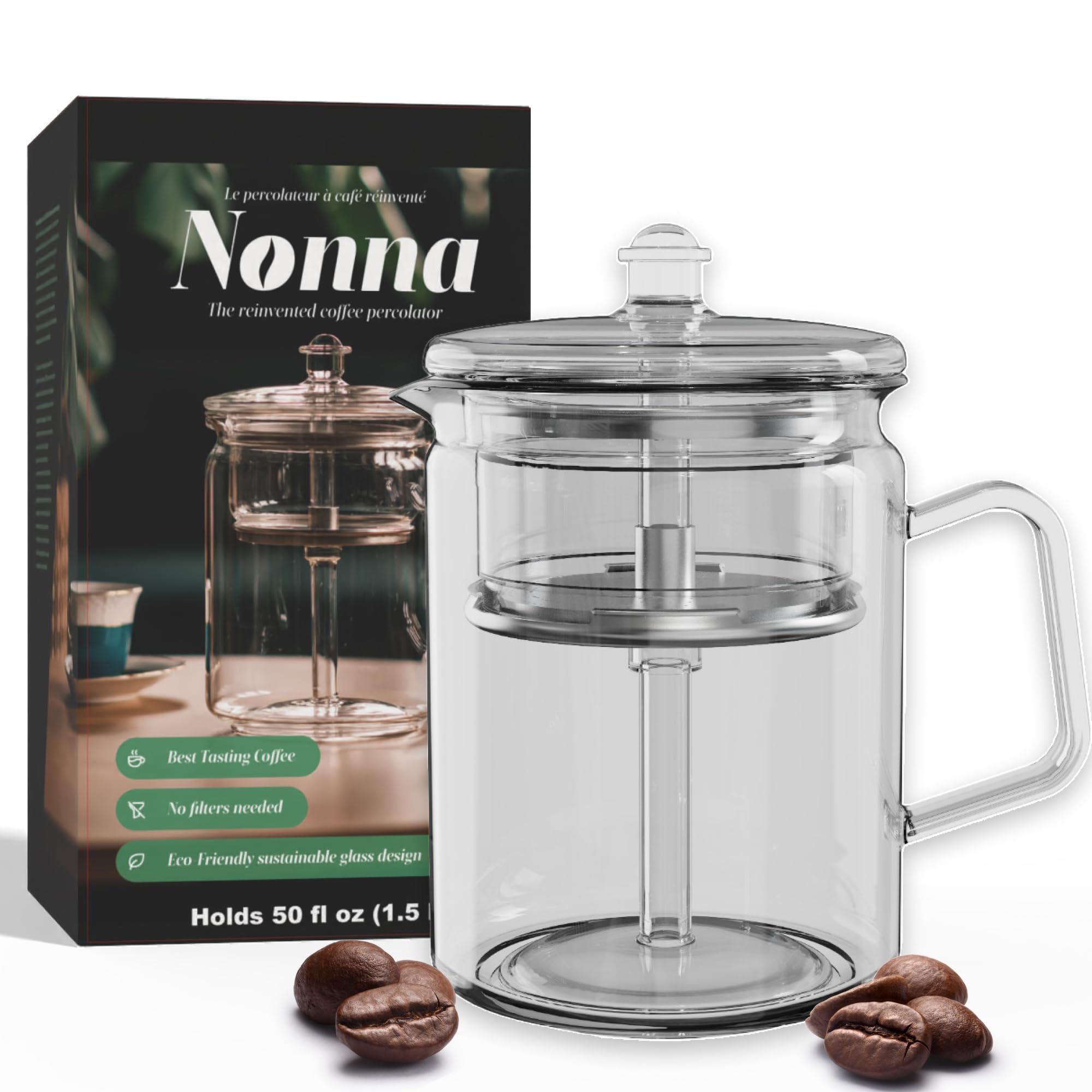 Photo 1 of VERDETECH Glass Coffee Percolator - The Nonna | Non-Electric Borosilicate Glass & Stainless Steel | Eco-Friendly Coffee Gift | BPA Free | Stovetop Glass Percolator (1 Unit)