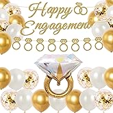 Engagement Party Decorations, Pearl White, Gold, Confetti Latex Balloons, Pre-Strung Gold Happy Engagement Banner and Bride Ring Foil Balloon for Bridal Shower Just Engaged Wedding