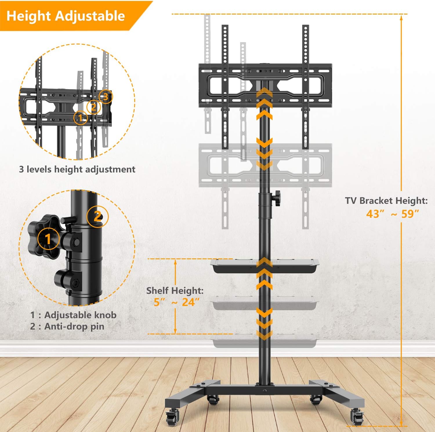 5Rcom Mobile TV Cart Rolling TV Floor Stand with Locking Wheels and Tilt Mount for Most 23-55 Inch Plasma LCD LED Flat Screen or Curved TVs Monitors Display Trolley Stand with Laptop Shelf/Tray : Office Products
