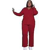 Tycorwd Women's Plus Size Two Piece Outfits Sweatsuits Sets Casual Long Sleeve Tops Baggy Wide Leg Pants Tracksuit Sets