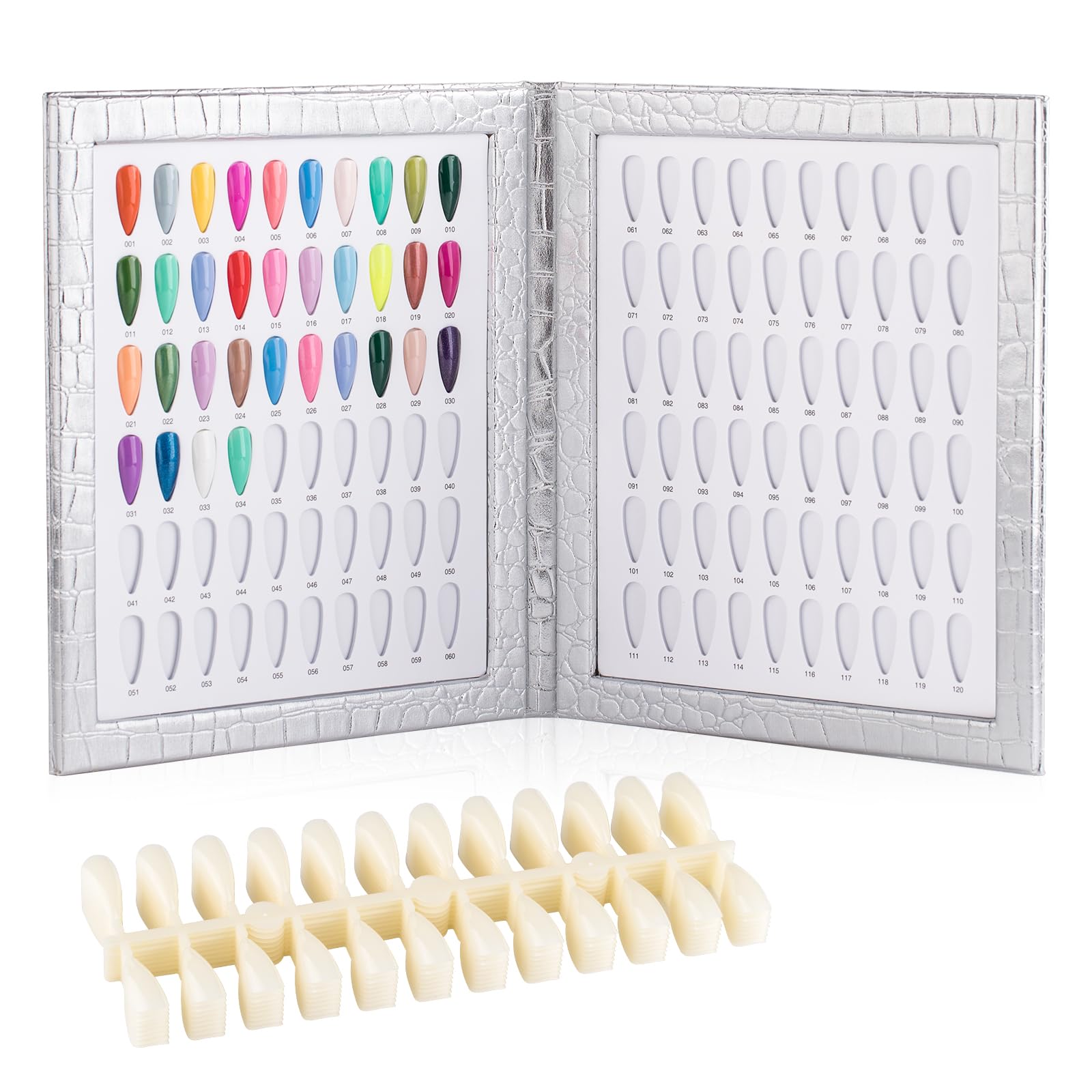 BNG nail Color Display Book Gel Polish & Art 120 Colors Card Chart with 240 Artificial Tips Leather Book for Salon Samples & Pointing Tools Silver — image 1