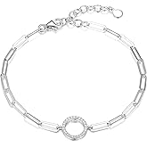 Amazon Collection Cubic Zirconia Geometric Circle Paperclip Chain Link Bracelet in Sterling Silver, 6.75" + 1.5" Extender