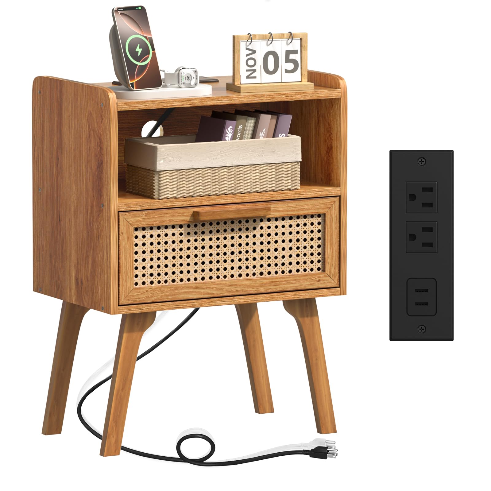 Photo 1 of Lerliuo Rattan Nightstand with Charging Station, Side Table with Drawer, Cane Accent Bedside End Table with Solid Wood Legs, Night Stand for Bedroom, Dorm and Small Spaces (Tea Brown)
