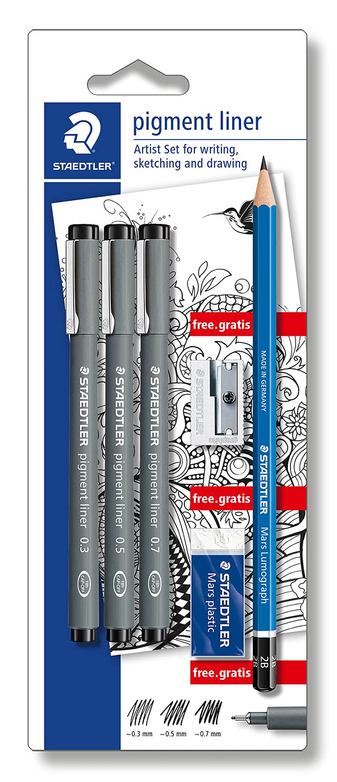 STAEDTLER 308 SBK3P Pigment Liner Fineliner Pen - Assorted Fineliners, HB Pencil, Sharpener & Eraser (Blistercard of 6 Pieces)