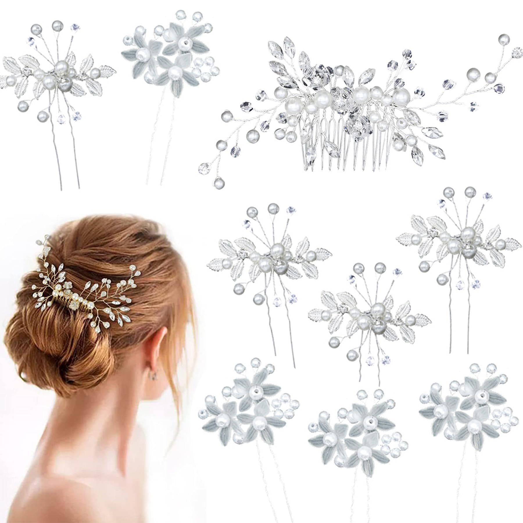Umimiss 9pcs Bridal Hair Accessories in Gold/Silver Pearl for Wedding and Bridesmaids (SILVER)