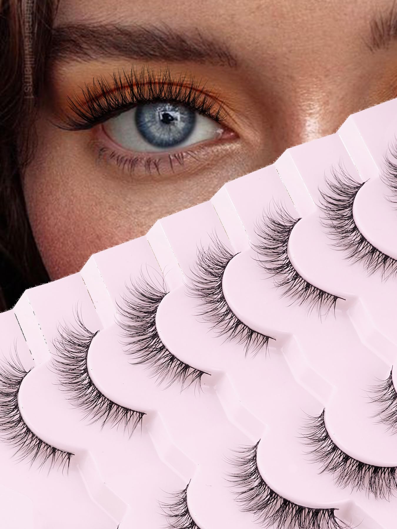 Natural Lashes Wispy False Eyelashes 12mm Cat Eye Lashes Natural Look Strip Lashes Thin Cotton Band Soft Eyelashes 3D Volume False Lashes Pack C Curl Siligli Eyelashes 7 Pair — image 1