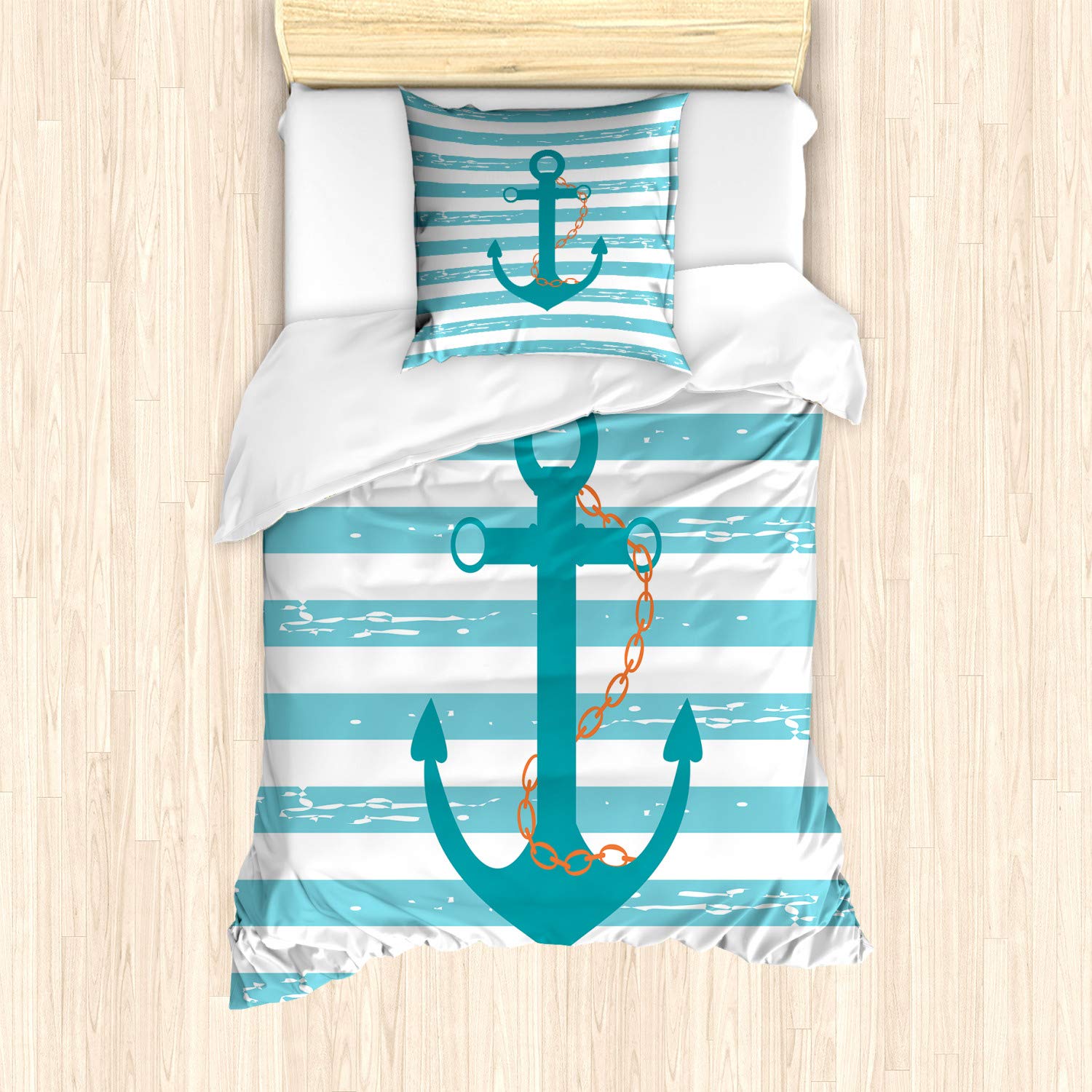 ABAKUHAUS Teal Duvet Cover Set, Ship Anchor Chain Marine Life Inspired Lines Background Ocean Sailing, Bedding Set 2 Pieces with 1 Pillow Shams, 135 cm x 200 cm, Teal Turquoise White — image 1
