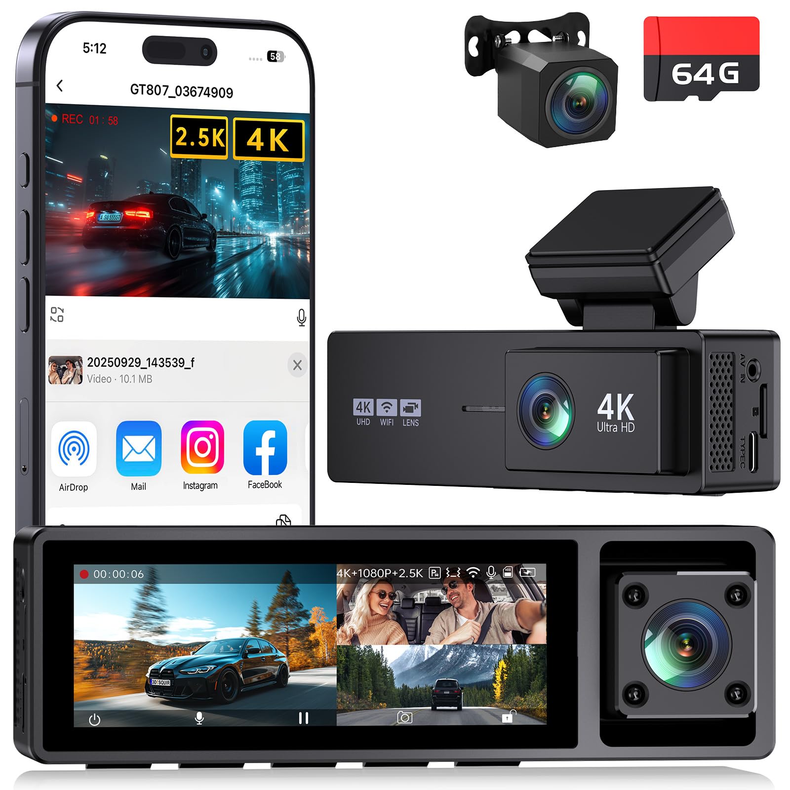 Photo 1 of 3 Channel Dash Cam Front and Rear, 4K+2.5K+1080P Front and Rear Inside, 3.2" Screen Dash Camera for Cars, 4 IR Night Vision, WiFi APP Control, G-Sensor, 24H Parking Mode, Includes 64GB SD Card