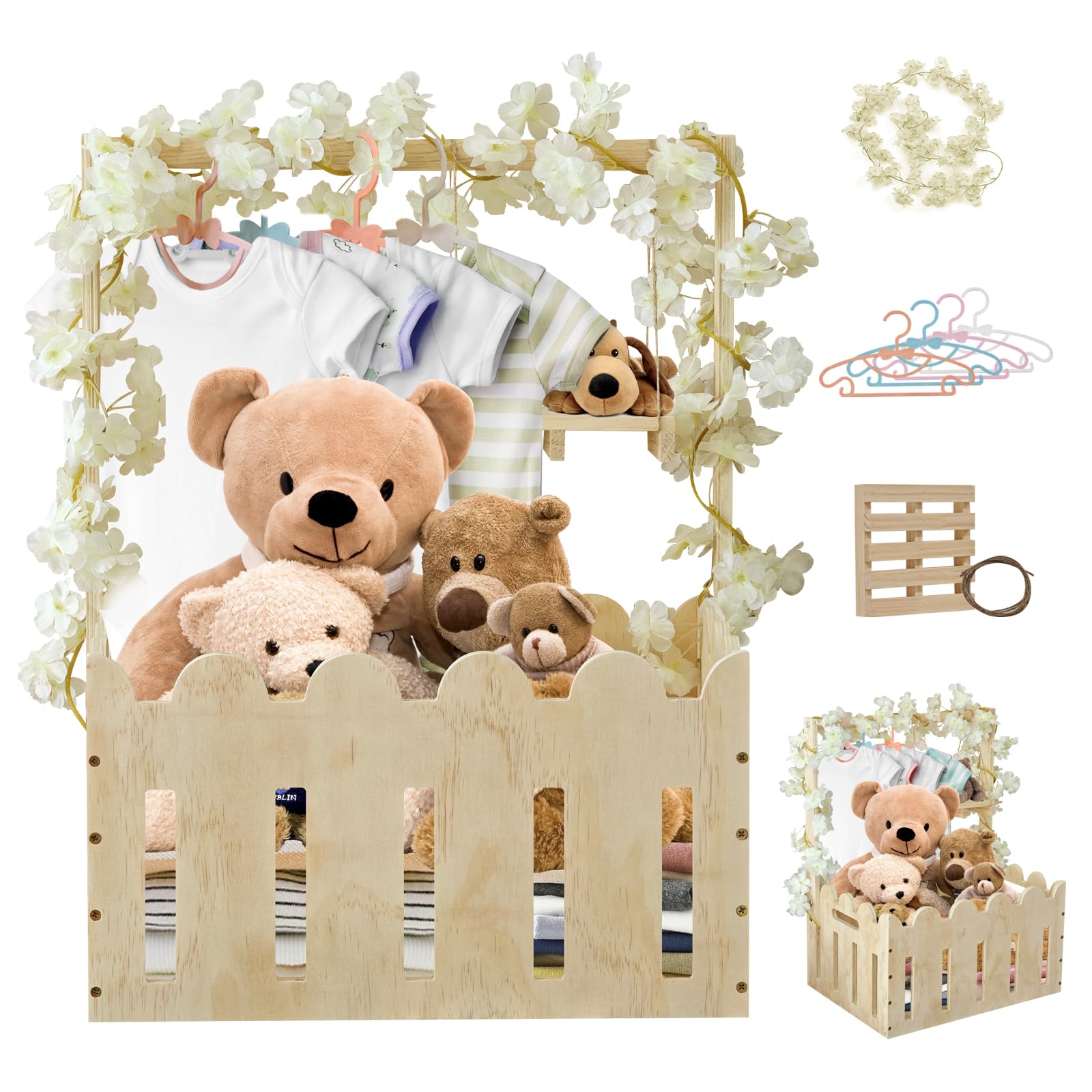 Photo 1 of Wooden Baby Shower Crate Closet in Classic Fence Design with Hangers & Handle, Large Crate for Baby Shower Display, Basket for Baby Shower Gifts, Nursery Storage & Decor Organizer