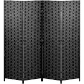 FDW 4-Panel Folding Room Divider | 6ft, Black | Light &amp; Portable | Wooden Wall Divider with Hand Woven Mesh | Easy to Move Privacy Screen | For Space Separation, Living Room, Bedroom, Office