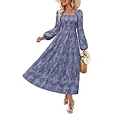 ZESICA Women's 2026 Spring Floral Midi Dress Long Sleeve Smocked Flowy Long Wedding Guest Vacation Dresses
