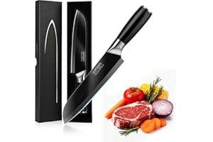 Hoforife Santoku Knife, Japanese Hand Forged Chefs Knife High Carbon Steel Core with Black Wood Ergonomic Handle, Gift Box 8"