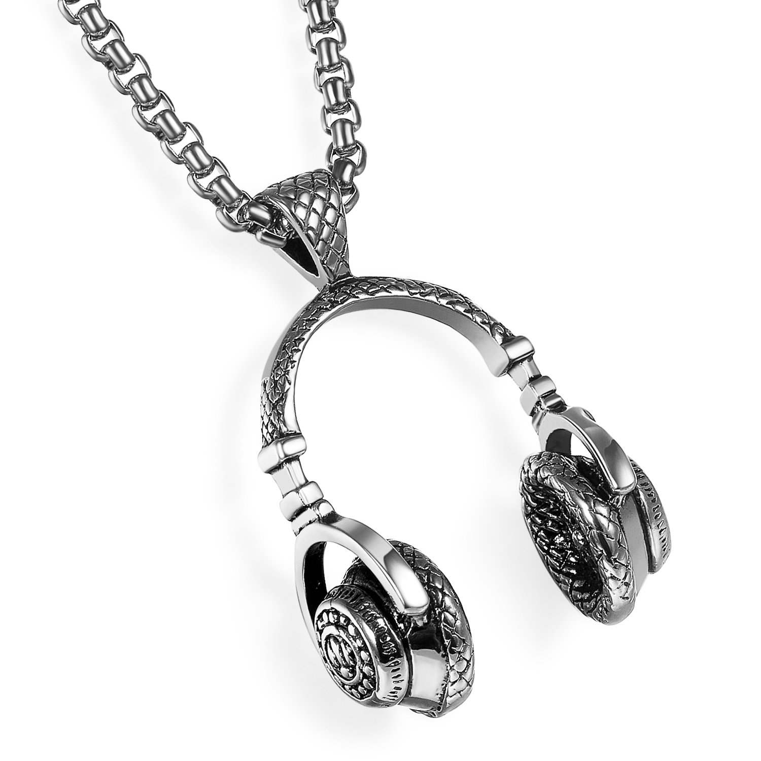 Oidea Stainless Steel Mens Punk Rock Headphone Pendant Biker Necklace,24 Inch Chain,Silver