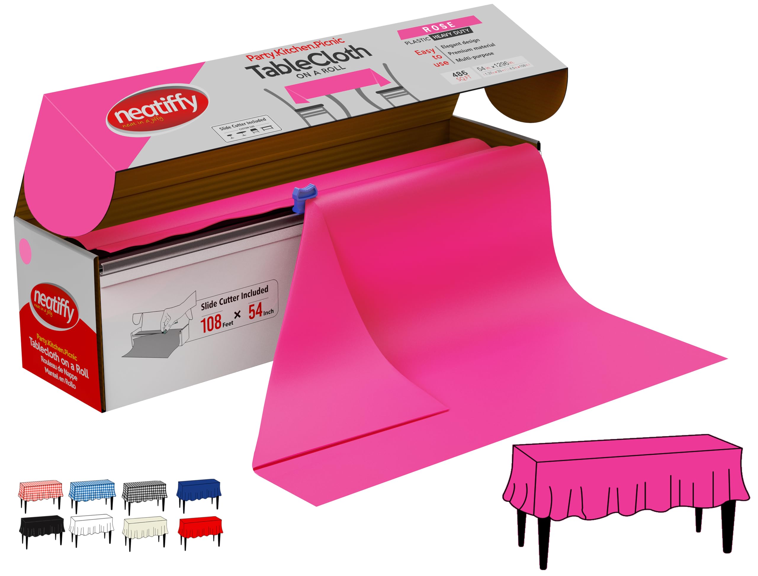 Neatiffy Disposable Plastic Table Cloth Roll | 54 in x 108 Ft Waterproof Tablecloth | Table Cover for Rectangle, Square, Round Oval Tables | Picnic, Party, Banquet, Birthdays, Weddings, Pink