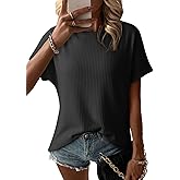 Dokotoo Women's Casual Boat Neck Short Sleeve Waffle Knit Shirts Loose Summer Tunic Tops Blouses