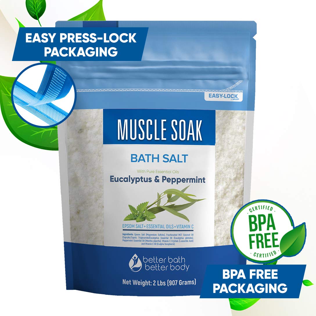 Muscle Soak Bath Salt 32 Ounces Epsom Salt with Natural Peppermint and Eucalyptus Essential Oils Plus Vitamin C in BPA Free Pouch with Easy Press-Lock Seal: Health & Personal Care