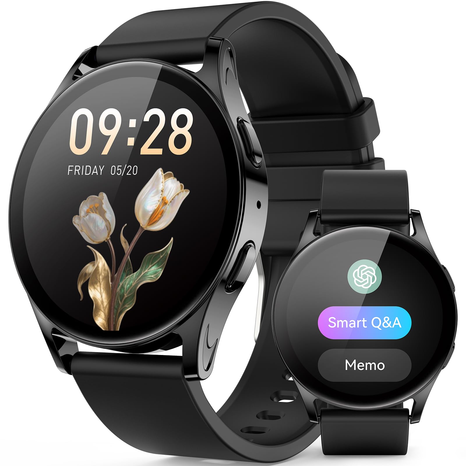Photo 1 of AI Smart Watch wtih GPT, 41mm 1.32" AMOLED, Answer/Make Calls, Activity Fitness Tracker for Android iPhone with AOD,150+ Sports, Calorie & Step Counter, Sleep Monitor, Women Men, 2 bands (Black)