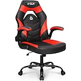N-GEN Video Gaming Chair Ergonomic Computer Desk Office Chair with Lumbar Support Adjustable Height Swivel Wheels Flip-Up Arms PU Leather Home and Office (Red)