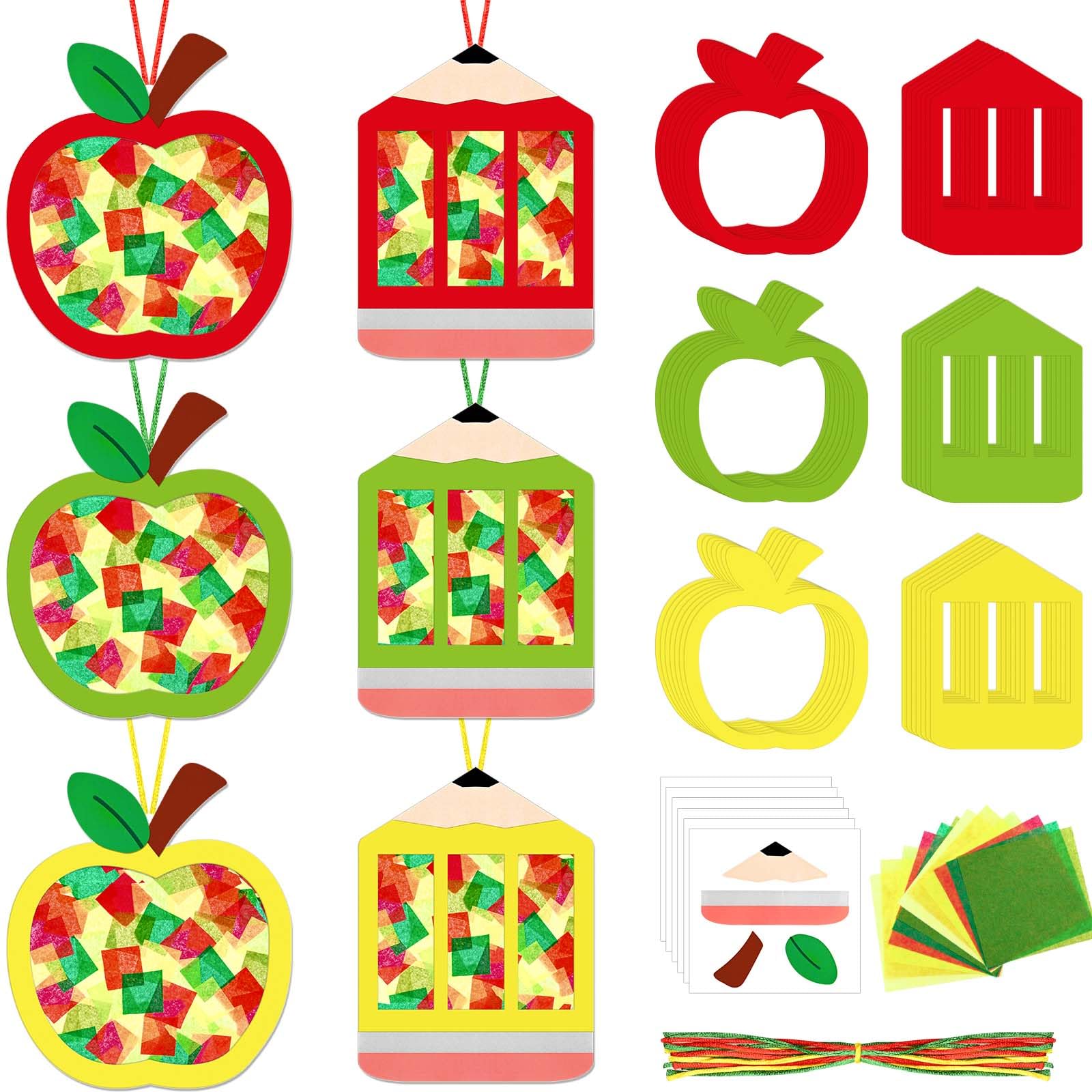Photo 1 of 24 Set Apple Suncatchers Crafts Kit Fall Tissue Paper Sign DIY Craft for Autumn First Day of School Classroom Activities Supplies