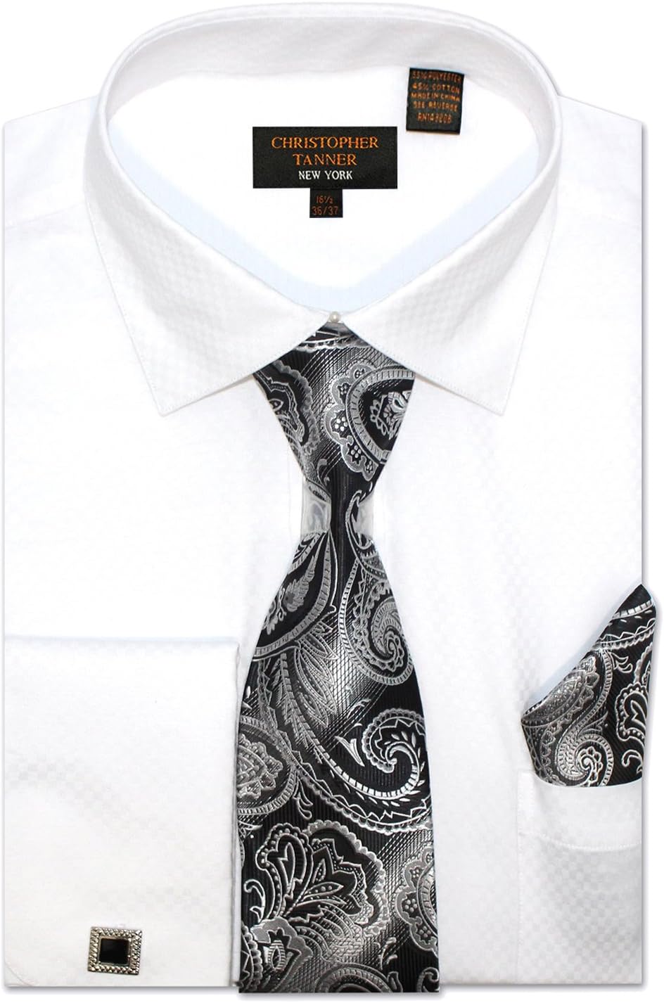 Christopher Tanner Men's Regular Fit Dress Shirts with Tie & Hankerchief Cufflinks Combo Unique Pattern 15.5" Neck 34/35" Sleeve White