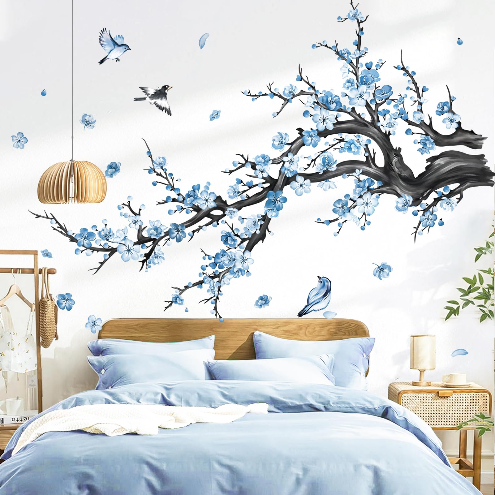 decalmile Blue Flower Branch Wall Decals Watercolor Blossom Floral Tree Branches Wall Stickers Living Room Bedroom Sofa TV Background Wall Decor