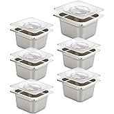 HECMAC 6 Pack Anti-Jam Hotel Pan with Clear Plain Lid, 1/6 Size 4 Inch Deep, Heavy Duty, Commercial Stainless Steel Chafing Steam Table Pan, Catering Storage Metal Food Pan, 23 Gauge