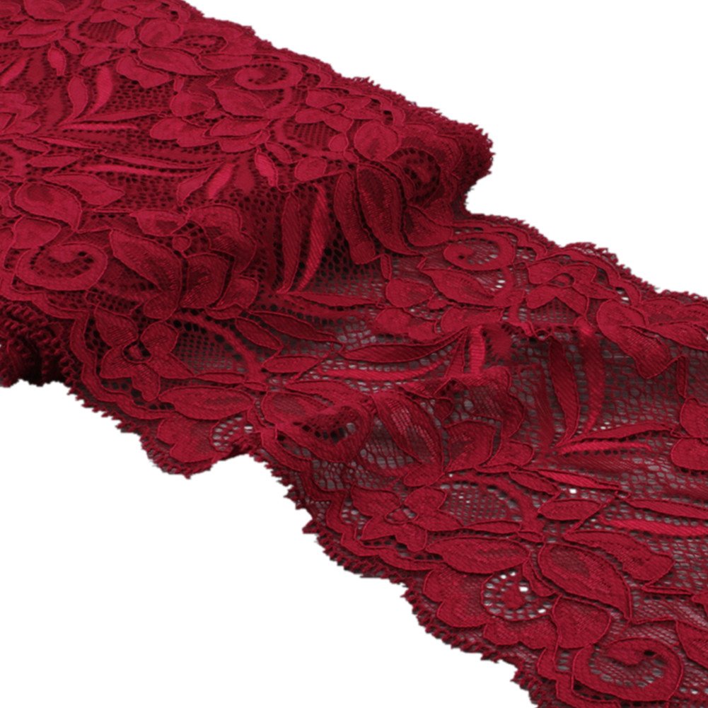 5 Yards Floral Lace Ribbon Stretch Tulle Lace Trim Elastic Webbing Fabric Width 15cm for DIY Jewelry Making Craft Clothes Accessories Gift Wrapping Wedding Party Decoration (Burgundy)