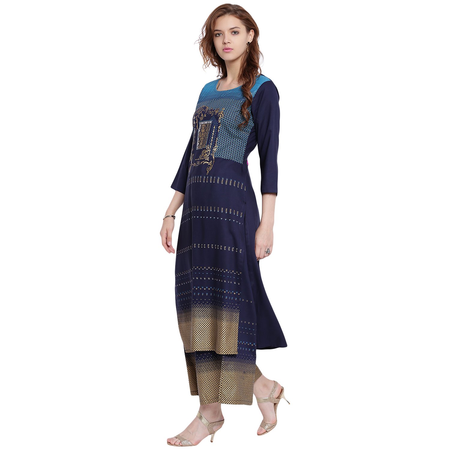 pinky pari screen printed rayon blue straight festive kurta with printed rayon palazzo