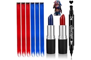 FIVEFULU 9 Pcs Halloween Costume Quinn Accessories,【Red+Blue Face Body Paint Stick】【 Red+Blue Clip in Hair Extensions】【 Black Liquid Eyeliner Stamp】 Makeup Kit for Harley Costume Cosplay Women Girls Kids