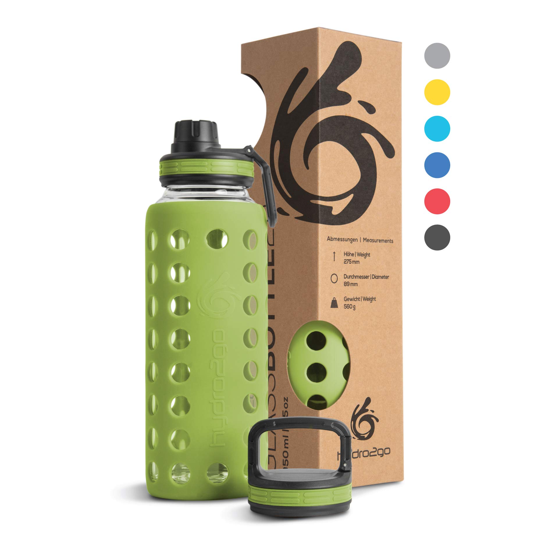 hydro2go Glass Water Bottle 950ml with Silicone Sleeve – Leak-Proof, BPA-Free, Dishwasher Safe, 2 Lids – Ideal for Office & Sports (Olive Green 2.0)