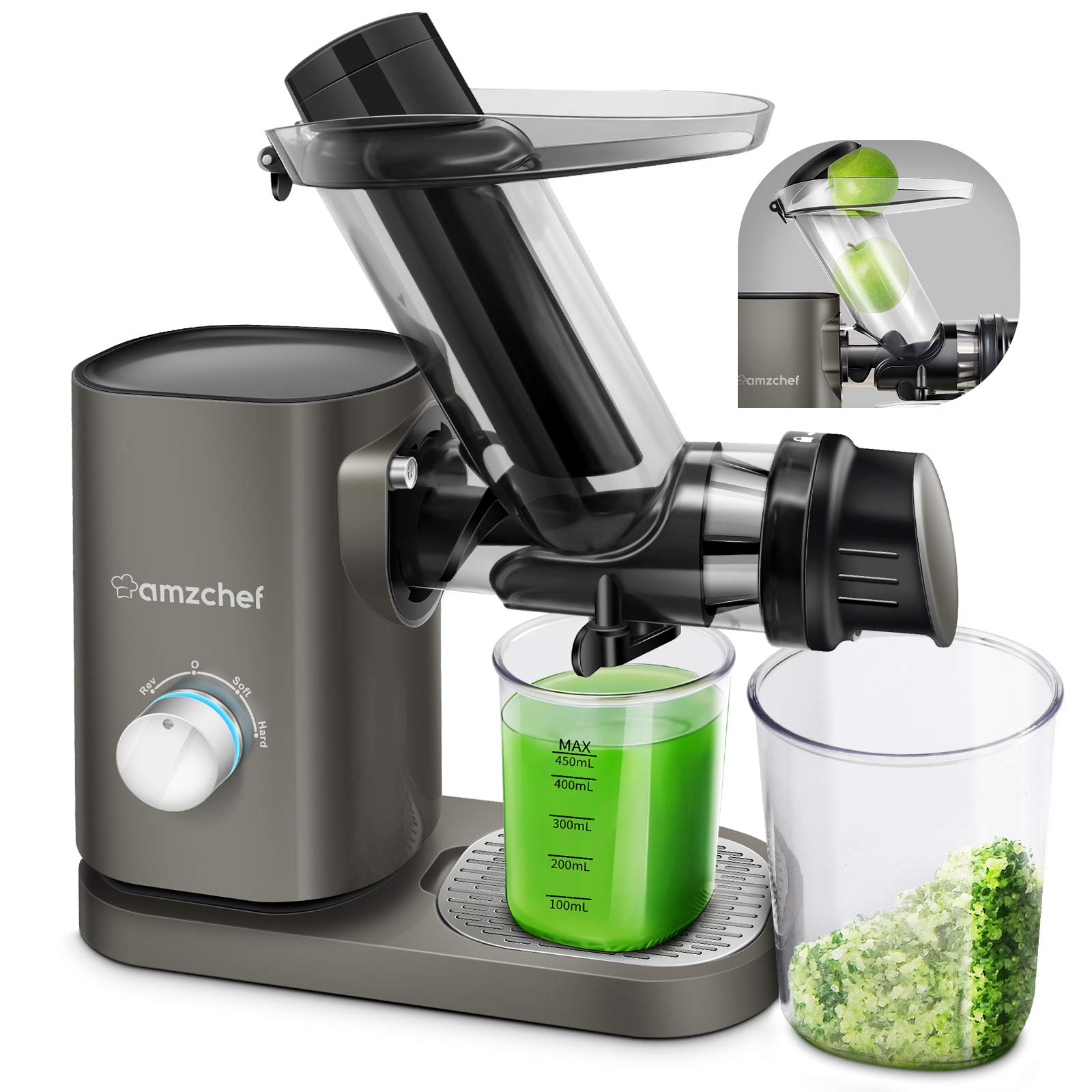 AMZCHEF Slow Juicer Machines Slow Masticating Juicer Cold Press Juicer Vegetables&Fruits Extractor 3'' Large Feed Chute Non-porous Filter Easy Clean ≤58dB 2 Speeds Jug Brush BPA-Free