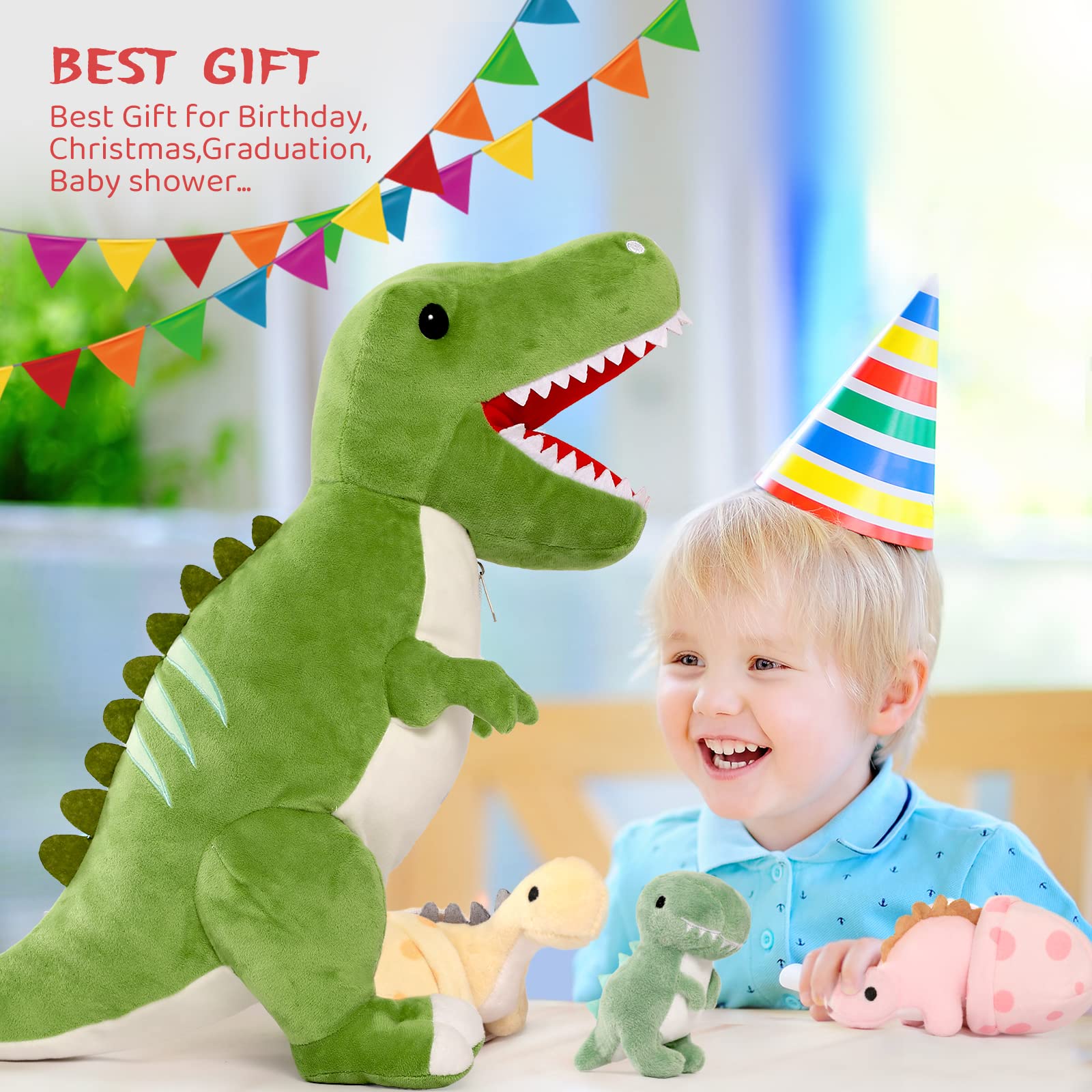 MorisMos 60cm hoch riesen Dino Kuscheltier XXL mit 3 Baby im Bauch, groß Dinosaurier Plüschtier Stofftier, weich Dino Spielzeug Plüschdino für Kleinkind Jungen Weihnachten Geschenk 6