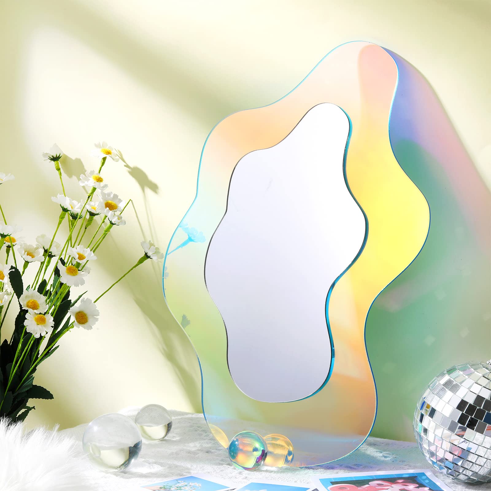 Qunclay Wavy Acrylic Mirror Rainbow Irregular Mirror Dopamine Home Decor 14.2 x 9.8 Inch Groovy Vanity Wavy Frameless Amorphic Tinted Mirror for Christmas Living Room Bedroom Wall Decor Gift