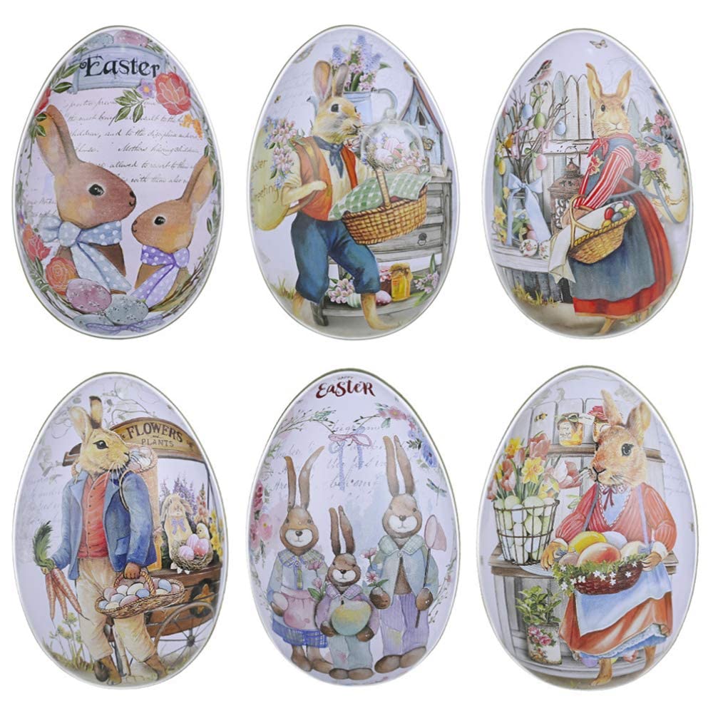 zalati Tin Box with Easter Rabbit 6pcs Egg Shaped Case for Candy Gift Can Metal Jewelry Coin Storage Holder