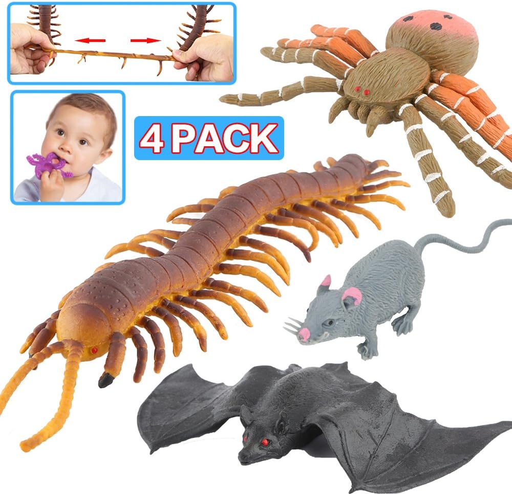 ValeforToy Halloween Toys,Joke Tricks 9 Inch Rubber Spider Bat Mouse Centipede Toy Set,Food Grade Material TPR Super Stretchy, Halloween Prop Realistic Creepy Scary Squishy Party Favor Gag Prank Toy