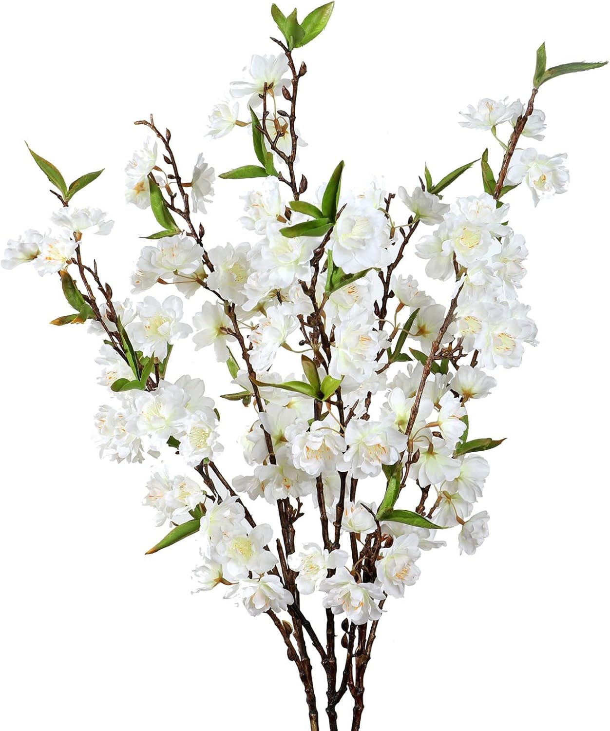 Cherry Blossom Stems Flowers Artificial - 3 Japanese Plum Branches Long Silk Petals Tall Fake Flower Tree Large Faux Centerpiece Dogwood Blossoms Vases Arrangements for Home Decor Wedding Vase - White
