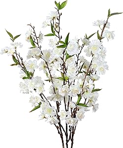 Cherry Blossom Stems Flowers Artificial - 3 Japanese Plum Branches Long Silk Petals Tall Fake Flower Tree Large Faux Centerpiece Dogwood Blossoms Vases Arrangements for Home Decor Wedding Vase - White