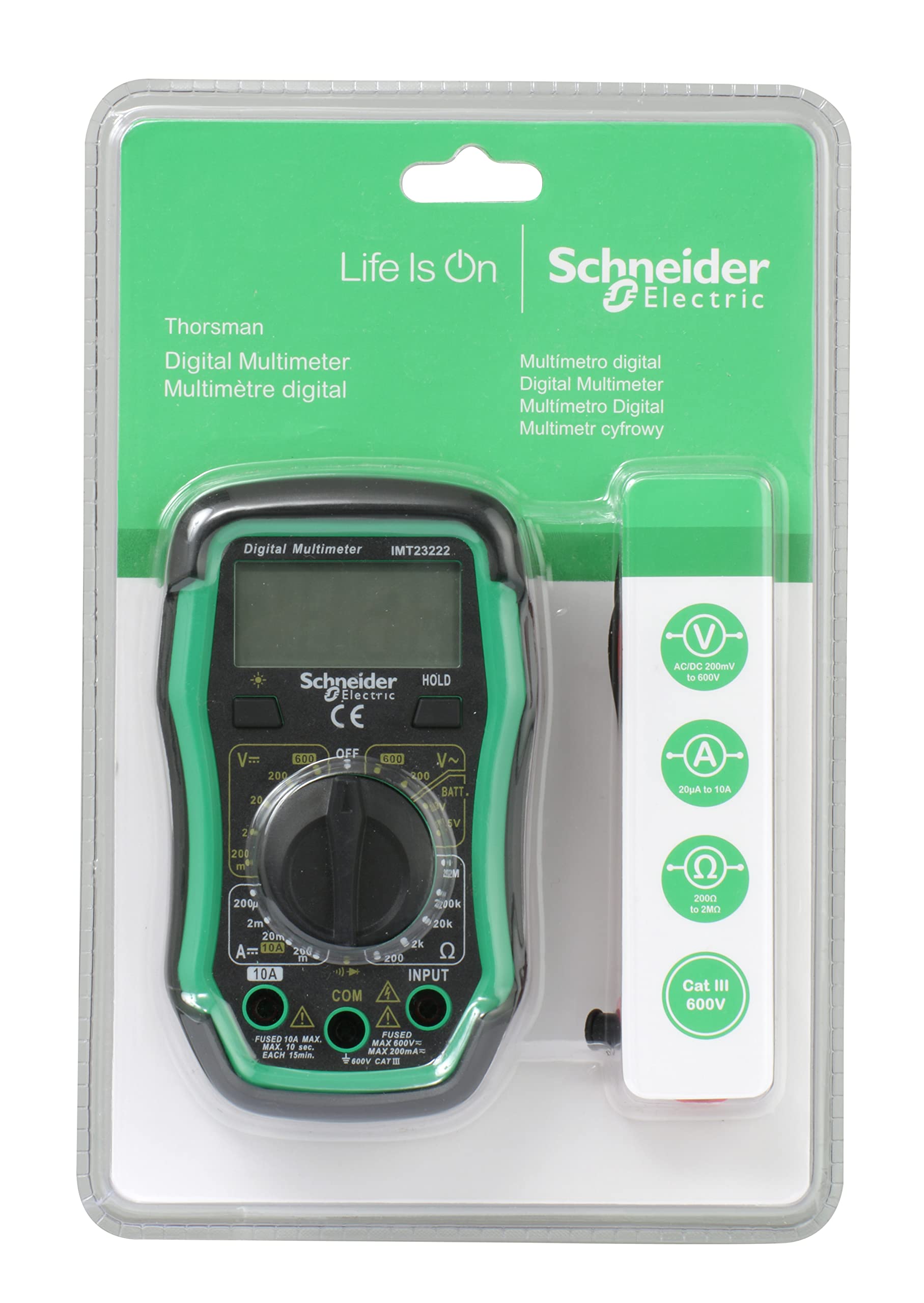 Schneider Electric Thorsman Digital Multimeter with LCD Display, Illuminated, Category 3, 600V, Battery 9V, Green, Part Number IMT23222