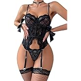 WDIRARA Women's Sexy Lingerie Set Floral Lace Garter Bustier Lingerie Set with 1Pair Fishnet Stocking