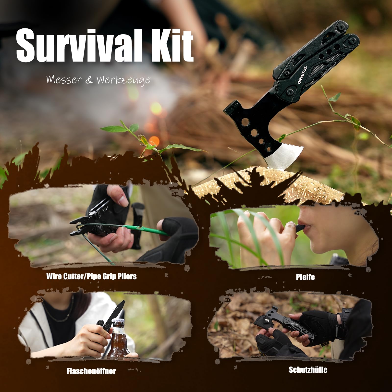 Geschenke für Männer 16IN1 Multitool Camping Zubehör Geschenk Vatertag Männergeschenke Survival Gadgets mit Axt Hammer Zange Säge Schraubendreher Flaschenöffner Pfeife 6