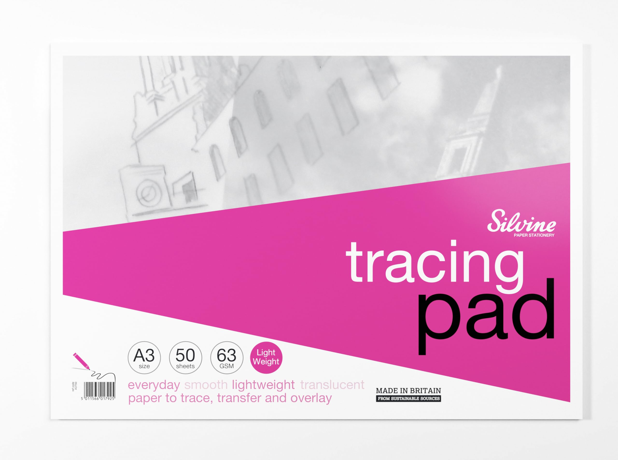 Silvine A3 Professional Tracing Pad. 50 Sheets of Quality Lightweight Tracing Paper (63gsm) Ref A3T50