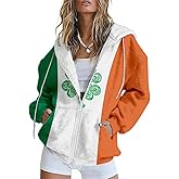domirica Green Hoodies For Women Shamrock Graphic Zip Up Long Sleeve Drawstring Hooded Sweatshirts For St Patricks Day