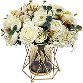 Faux Flowers with Vase, Silk Peony Bouquet Artificial Flowers in Vase, Fake Flowers Floral Arrangement for Home Decor Indoor,