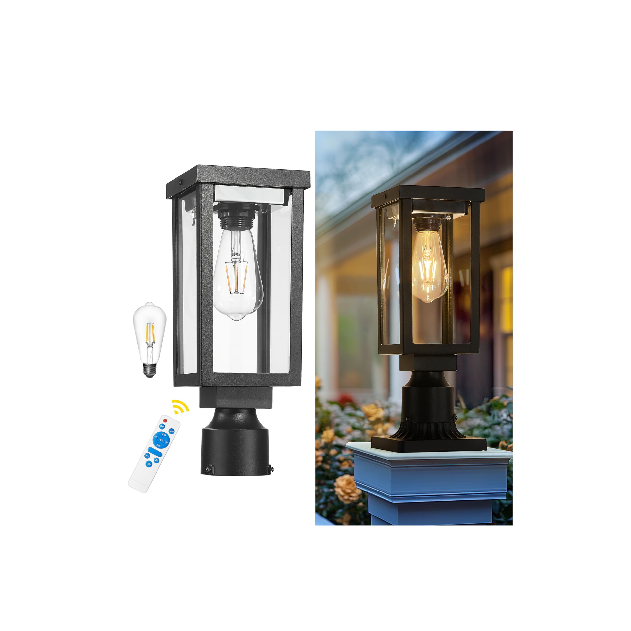 Photo 1 of Emliviar LED Post Solar Light Outdoor, Dusk to Dawn Waterproof Pole Lighting with Clear Glass Shade, 14 Inch Pillar Lamp in Black Finish with E26 Bulb, WE212P-SL BK