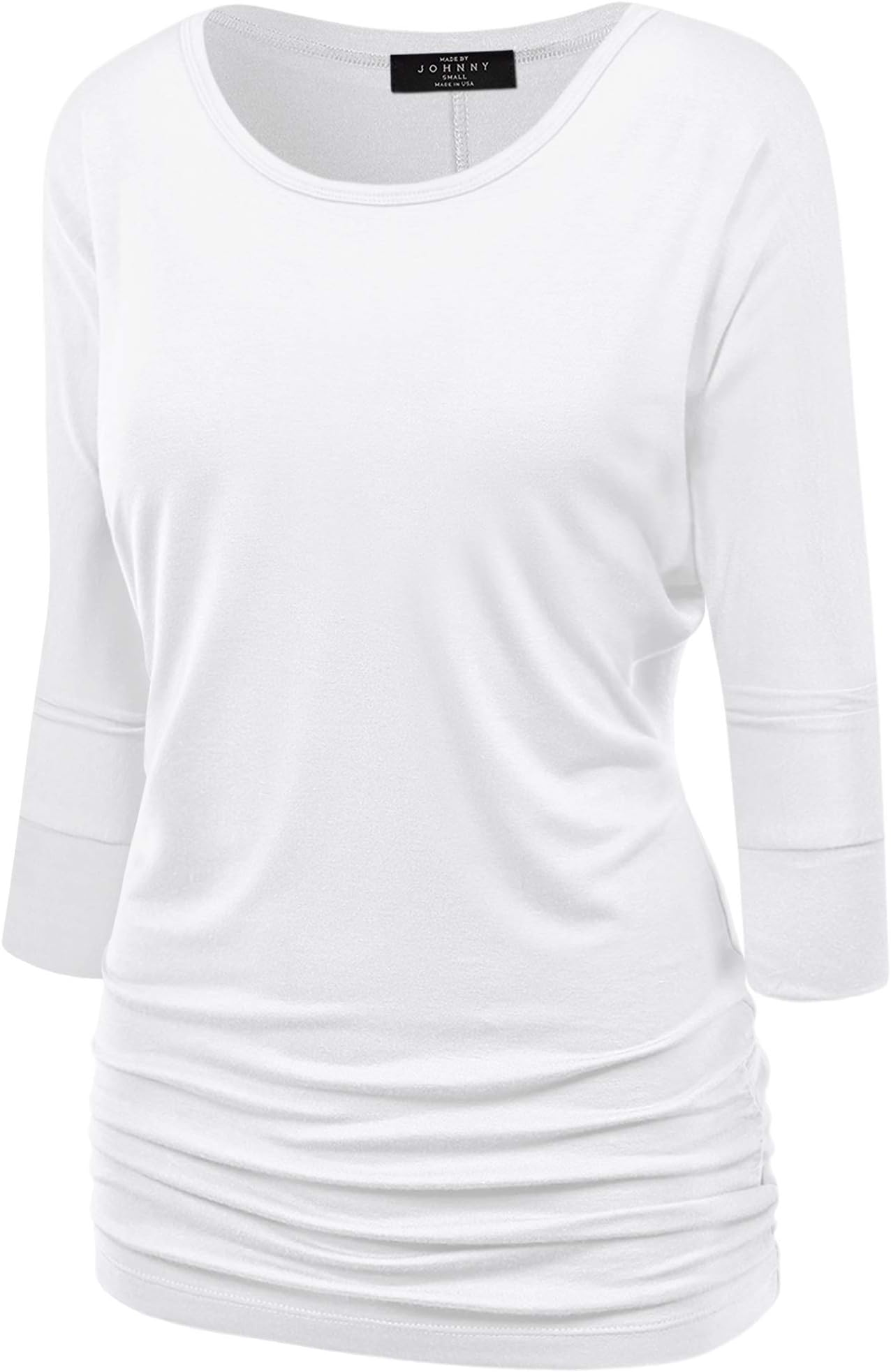 Made By JohnnyWomen's Casual Boat Neck and V-Neck 3/4 Sleeve Draped Dolman Top with Side Shirring Premium Shirt