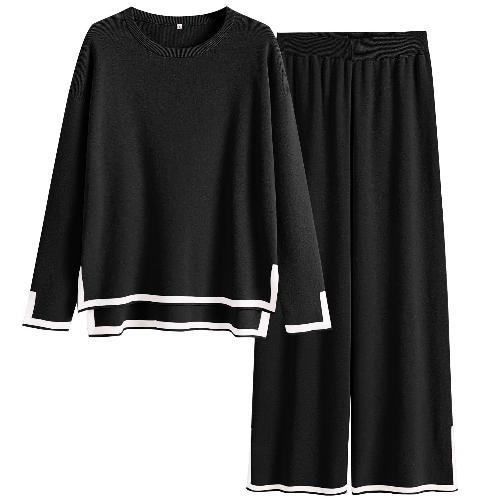 Photo 1 of ANRABESS Women's Two Piece Outfits Long Sleeve Knit Pullover Sweater Tops & Wide leg Pants Casual Lounge Matching Sweatsuit Tracksuits Sets Black Medium