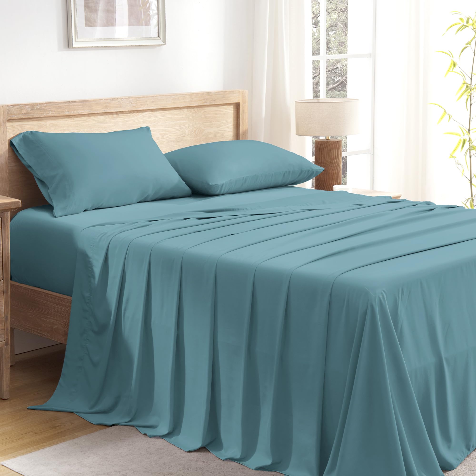 Photo 1 of Andency Grayish Teal King Size Sheets Set, 100% Viscose Derived from Bamboo, Cooling King Sheets, Deep Pocket Up to 16", Silky Soft Bed Sheets, Hotel Luxury Breathable Bedding Sheets & Pillowcases…
